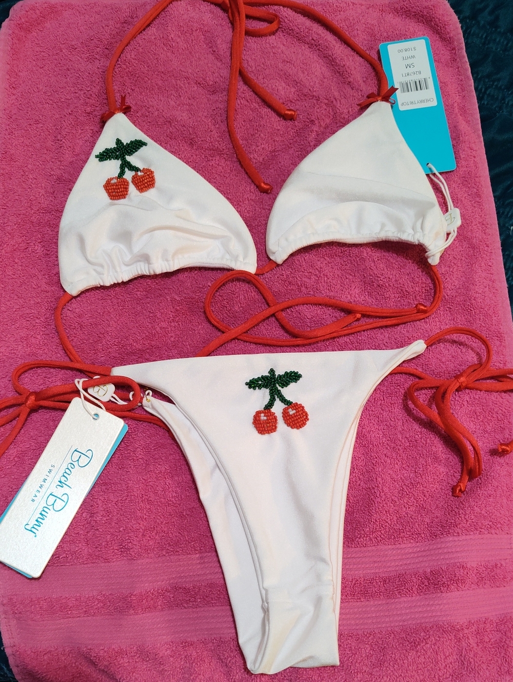 Beach Bunny White & Red Cherry Embellished Triangle Bikini